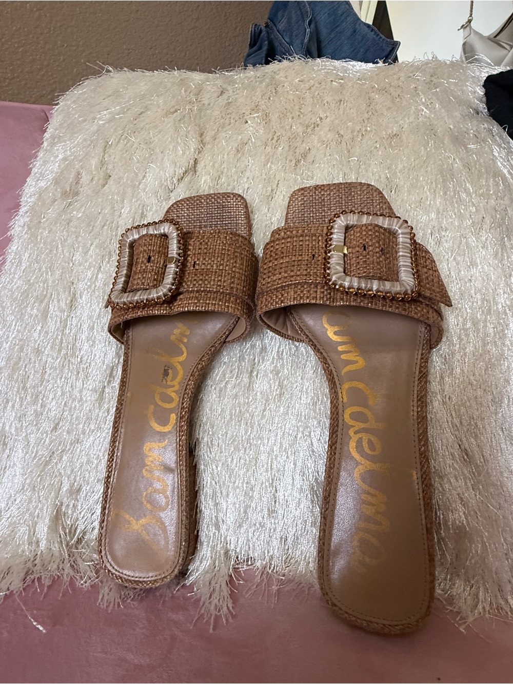 Sam Edelman Tan Woven Slide Sandals with Cool Buckle Detail